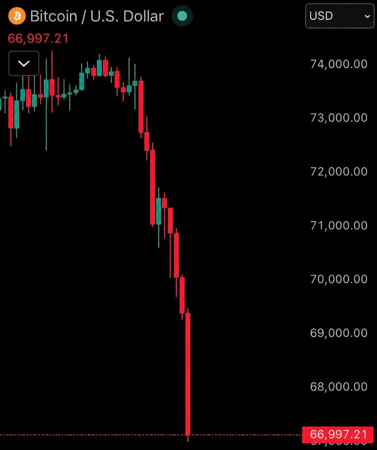 Bitcoin Plummets Below $67,000 as Market Liquidations Top $1 Billion